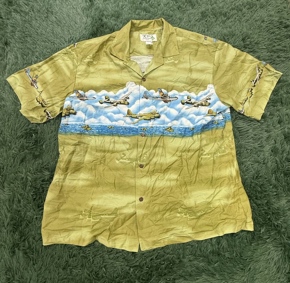 KY's Made in Hawaii Men's Green Bomber Plane Hawaiian Shirt Camp Collar Size L